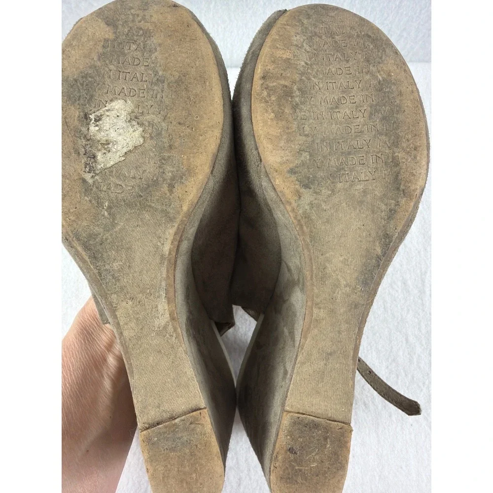 Rossella Lopes Italy Sz 11 Suede Wedge Sandals Slingback Peep Toe Pom Pom Brown